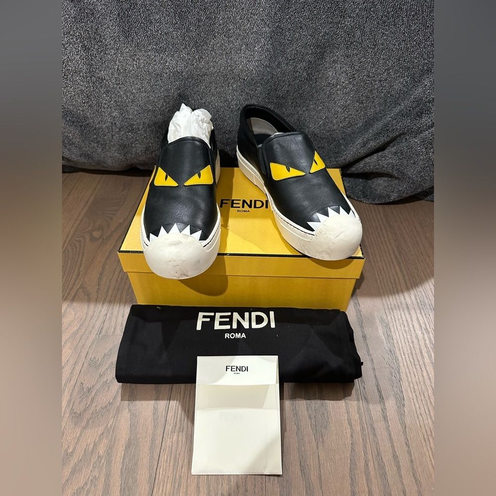 Fendi Black Leather Monster Slip on Women’s Size 41